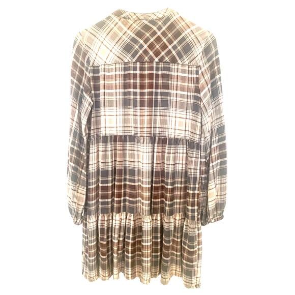 Knox Rose Baby Doll Dress S  Brown Plaid Prairie Schoolgirl Ruffle Hem Academia - Picture 2 of 6